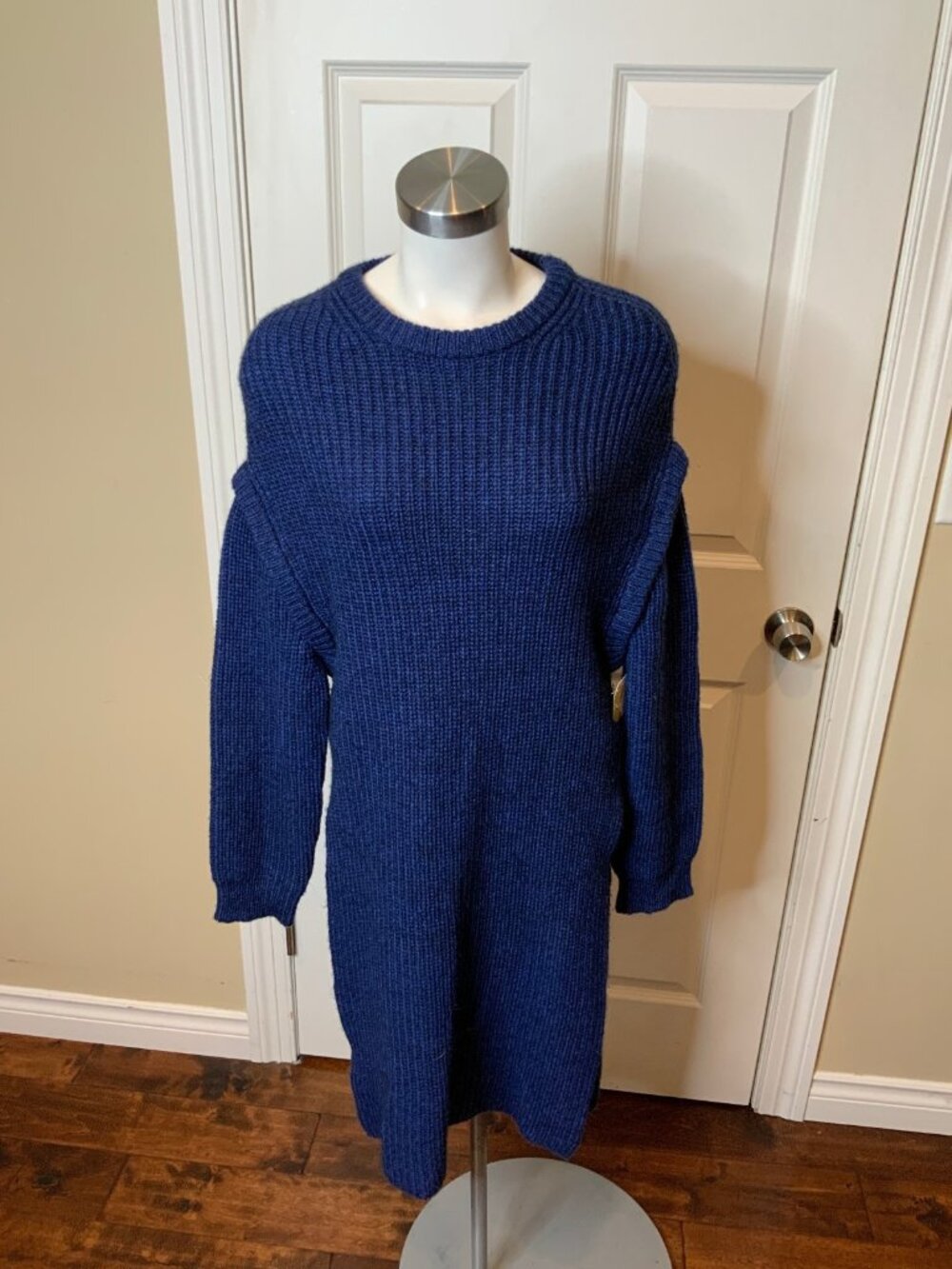 J. W Anderson Long Blue Wool Yak Ribbed Knit Removeable Sleeve Sweater, Size L